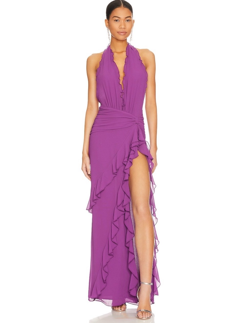 NBD Purple Halter Ruffle Maxi Dress with High Slit
